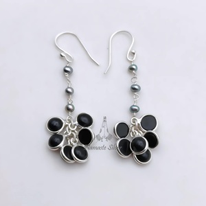 925 Sterling <b>Silver</b> <b>Dangle</b> <b>Earrings</b> Handmade Flower-Shaped Freshwater Grey Pearl and Black Onyx Unique Jewelry - Product Image 5