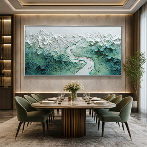 Tableau sur toile Paysage alpin texturé en impasto avec rivière, cadre doré, style contemporain, décoration intérieure - Product Image 5