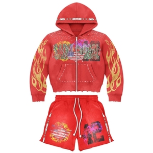 Ensemble de survêtements à capuche d'hiver en coton lourd unisexe à coupe régulière à imprimé bouffant strass délavé à l'acide respirant - Product Image 2