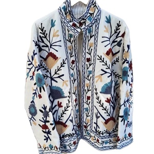 Indian White Handcrafted Suzani Velvet <b>Jacket</b> Floral Fancy Embroidery Style For Unisex Boho <b>Hippie</b> coat Indian Wholesaler - Product Image 1