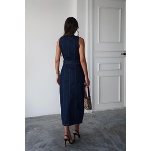 Vestido vaquero azul marino sin mangas para mujer con cinturón y cierre de botones frontales - Product Image 1