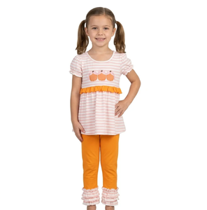 Robe rayée à volants pour filles avec applique citrouille, sans manches, en Spandex/Polyester, ensemble décontracté écologique, pantalon orange, rose, blanc - Product Image 4