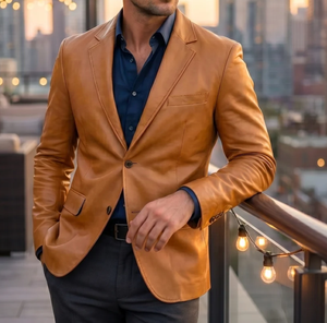 Blazer Homme en Cuir Véritable Marron avec Blocs de Couleurs Rouge et Blanc, Fermeture Éclair, Col Montant, Respirant, Style Hiver, Modèles 2027, Façade Vintage - Product Image 1