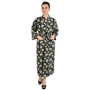 Boho Cotton <b>Kimono</b> Hand-Printed Botanical Motif Indian House Robe Luxury Summer <b>Beach</b> Vacation Lightweight Yacht Softness - Product Image 1