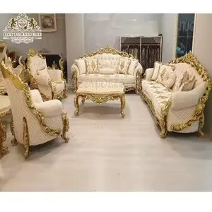 Şık High End rokoko tasarlanmış oturma odası mobilya türk mobilya fildişi altın oturma odası seti klasik oturma odası kanepesi