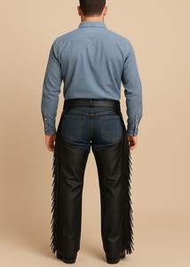 Chaps de cowboy en cuir véritable brun faits à la main avec franges, chaps d'équitation pour hommes - Product Image 4