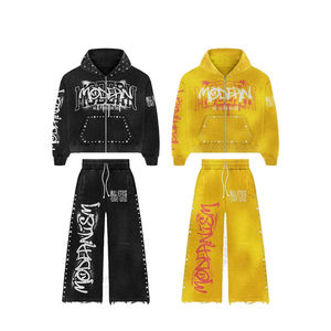 ชุดวอร์มวินเทจลายพิมพ์ DTF แบบกำหนดเองสำหรับผู้ชาย ลวดลายฟอกสีแบบกรด เสื้อฮู้ดดี้สีซีดจางและกางเกงขายาวทรงบาน ผลิตจากผ้าสตรีทแวร์ 100% ผ้าฝ้าย - Product Image 5