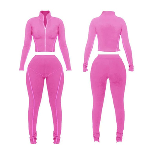 ชุดออกกำลังกายผ้าฟลีซ2ชิ้นสำหรับผู้หญิงชุดออกกำลังกายผ้าสกินนี่แบบทันสมัยเสื้อครอปเอวลอยแบบรูดซิปสำหรับผู้หญิงขายส่ง - Product Image 2