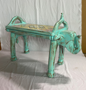 Handcrafted Rajasthani Hand-Painted Wooden Elephant Face Tiles Fitted Antique Finish Nighstand Bedside End Table - Product Image 2