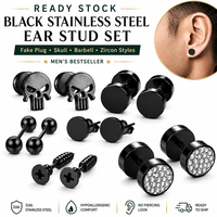 Set de aretes falsos de acero inoxidable 316L negro para hombre, con diseño de calavera y circonita cúbica, tipo barbell con cierre de rosca, estilo punk, listo para envío al por mayor.