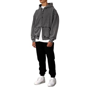 Nouveau haut de gamme en gros en détresse lavé à l'acide sweats à capuche à fermeture éclair épaule tombante poids lourd couleur unie surdimensionné sweats à capuche à fermeture éclair - Product Image 1
