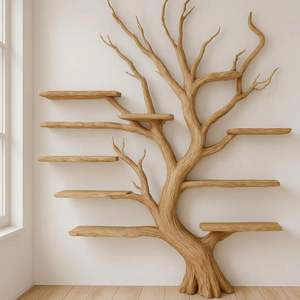 Solid Teak Wood Tree-Shaped Modern <b>Wall</b>-Mounted Corner Bookshelf with 6 <b>Shelves</b> for School and Living Room - Product Image 2