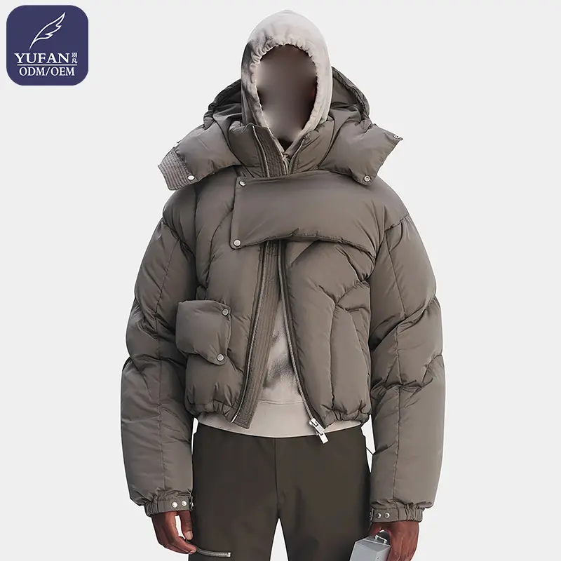 Yufan Custom 2023 Gray Multi-structure Down Jacket Avant-Garde Men's Down Jacket Hooded Down Coat