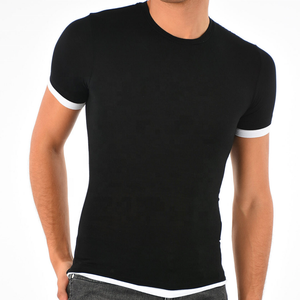 2025 manga corta 100% algodón camiseta lisa logotipo personalizado cuello redondo con costilla en contraste camiseta para hombre - Product Image 1