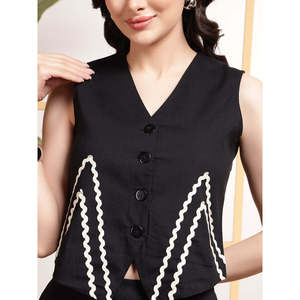 Conjunto de 2 Piezas Deebaco para Mujer, Color Negro, Estampado Geométrico, Blazer sin Mangas con Cuello en V y Pantalones Palazzo, Atuendo Casual Largo para Verano - Product Image 2