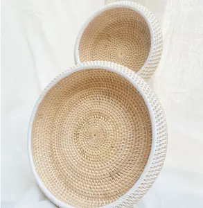 Basic Simple Vietnam Round Rattan Handwoven House Kitchen Decor Storage Baskets in Pastel Colour