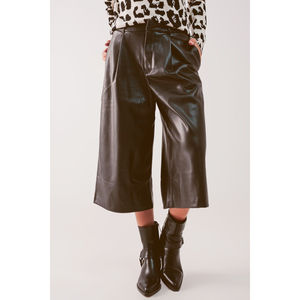 Pantalon Culotte Femme en Similicuir Noir Taille Haute Respirant Coupe Ample Effet Vieilli Tailles XS à XL pour le Bureau Saison Automne - Product Image 1
