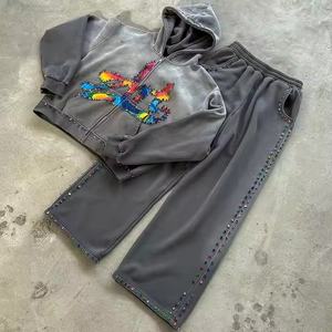 Top Sell Custom Logo Zip up Hoodie Sweat Track Baggy Pant Acid Washed Hoodie Set Full Dtg Print 3D Bordado Parche Chándales - Product Image 6