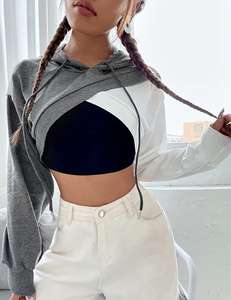 Top corto de manga larga para mujer Sudaderas con capucha Bloque de color Cross Body Sudadera con capucha recortada - Product Image 4