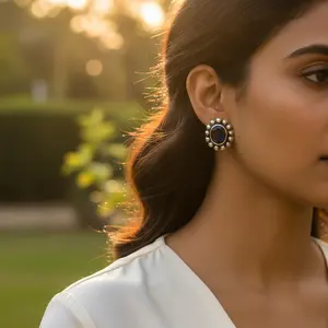 Women's Trendy 925 Silver & 18K Gold Plated Blue Sapphire <b>Stud</b> Earrings Gift with <b>Emerald</b> Cut Diamond Rose Gold Main Stone - Product Image 3