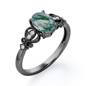 Moss Green Agate 925 <b>Silver</b> Classic Engagement Ring Custom Engraved Swirly Design Gold Plated Gemstone Prong Setting Ring - Product Image 4
