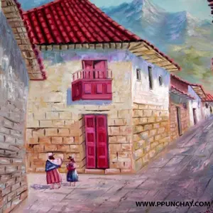 艺术油画民族安第斯 “Cuzco市” 19x15 “PpunchayPeru 50x40 cms。
