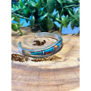 Navajo Hand made Multi <b>Stone</b> & Sterling 925 Silver Inlay Cuff Bracelet Navajo Handmade Turquoise Sterling Silver Cuff Bracelet - Product Image 3
