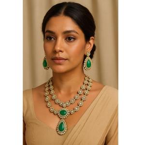 Magnifique collier Moissanite double couche serti de boucles d'oreilles en plaqué or ensemble de colliers de mariage indien traditionnel pour femmes - Product Image 1