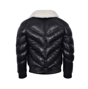 Doudoune en cuir style blouson aviateur en cuir vintage-Veste en cuir matelassé en peau de mouton noir véritable - Product Image 6