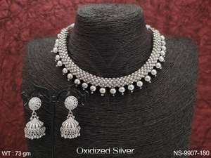 Oxidized Silver Polish Beautiful Designer Fancy Style Party Wear Jewelry Accessories Oxidized <b>Jewellery</b> Short Necklace Set - Product Image 3