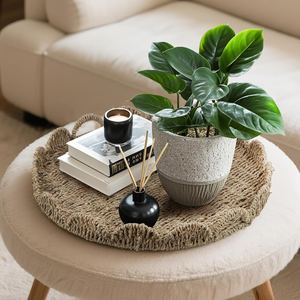 Vietnamese Handwoven Natural Farmhouse Seagrass Scalloped Oversized Serving <b>Tray</b> with Handles Factory Price for Bathroom Desk - Product Image 3