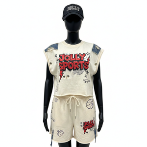 Ensemble de t-shirts en jersey de coton sans manches pour femmes, tissu doux et respirant, panneau en denim, logo imprimé à l'écran, 100% coton, ensembles pour femmes - Product Image 6