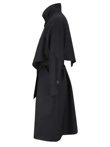 Gabardina negra elegante para mujer, cintura con cinturón y detalle único en la espalda, elegante abrigo, vestido gótico disponible en cuero Premium - Product Image 2