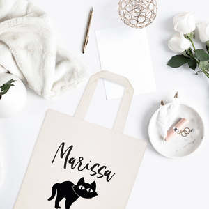 Personalized Black Cat Cotton Canvas Tote Bag with Open Closure Solid Color Pattern - Product Image 3