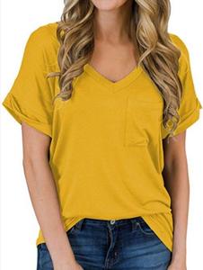 Camiseta de buena calidad con cuello en V para mujer, blusa lisa de manga corta con Logo impreso, bolsillo frontal - Product Image 3