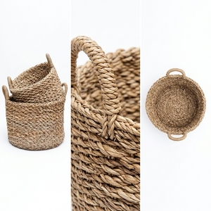 Ensemble de paniers de rangement en écorce de bananier naturelle, tressage épais, forme cylindrique, avec poignée en arche, pot de rangement, pot à linge, décoration artistique pure pour la maison - Product Image 3