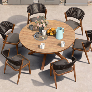 <b>Round</b> Teak Outdoor Dining <b>Table</b> Set With 6 Chairs Contemporary Garden Furniture For <b>Patio</b> Balcony Terrace - Product Image 2