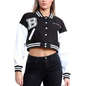 Stylish cropped varsity <b>jacket</b> with contrast <b>sleeves</b> bold B patch and ribbed trim giving a trendy streetwear and sporty casual - Product Image 4