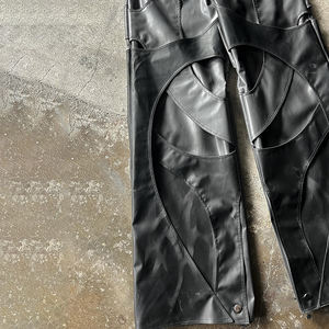 사용자 정의 하이 웨이스트 캐주얼 바지 헐렁한 스트레치 와이드 레그 Y2K 블랙 Pu 가죽 컬러 워시 하이 스트리트 남성 - Product Image 4