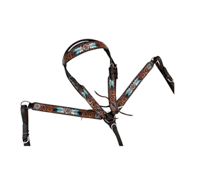Juego de Brida y Collarín para Caballo de Cuero con Diseño de Cesta Oscura, Bordado con Puntadas Decorativas, Estilo Western, Personalizado para Equitación - Product Image 1