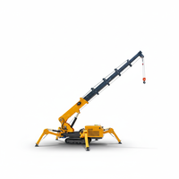 Mini-grue araignée hydraulique : stabilisateurs réglables personnalisables, flèche télescopique et télécommande avec capteurs de sécurité.