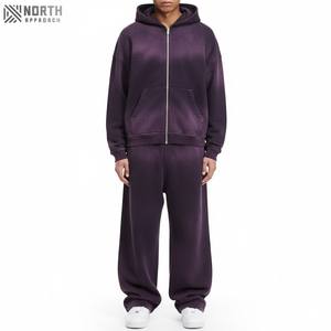 Streetwear personnalisé sweat à capuche et pantalon de survêtement à fermeture éclair ensemble survêtements délavés au soleil éponge française 100% coton surdimensionné survêtements unisexe - Product Image 1