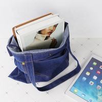 Rahat omuz alışveriş çantası tuval Denim Jean baskı Tote çanta ile dış cep satın Jean baskı Tote çanta