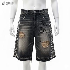 Shorts cargo en jean en coton avec strass pour hommes, lavage personnalisé en usine, toile sergé denim, shorts cargo amples pour hommes - Product Image 6