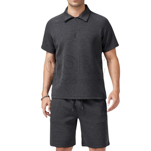 Polo décontracté à demi-fermeture éclair pour hommes ensemble de vêtements d'extérieur et de shorts de survêtement court 2 pièces respirant de couleur unie - Product Image 3