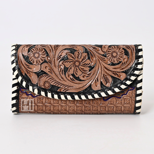 Cartera de cuero de vaca triple para mujer, diseño de lujo Vintage, forro de algodón 100%, herramientas decoradas con flores RFID, tallado en cuero crudo - Product Image 6