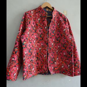 Stylish Eco-Friendly Floral Reversible Cotton Quilted Block Print Button <b>Women's</b> <b>Jacket</b> 100% Cotton Long Sleeve Winter Spring - Product Image 2