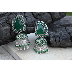 Grandes boucles d'oreilles jhumka en forme de pierre en laiton imitation argent, artisanales, traditionnelles, pour filles et femmes - Product Image 5