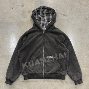 Custom Acid Wash Embroidered 100% Cotton French Terry Zip up <b>Jacket</b> Striped <b>Flannel</b> Double Layer Reversible Plaid Hoodies - Product Image 3