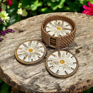 Adorable Daisy Design Round Rattan Wrapped Mother Of Pearl Coaster Set Natural Woven Shell Inlay Table <b>Accessory</b> for <b>Home</b> Decor - Product Image 3